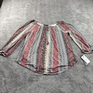 BCX Juniors' Printed‎ Cold-Shoulder Top Size Medium Pink Gray Tan